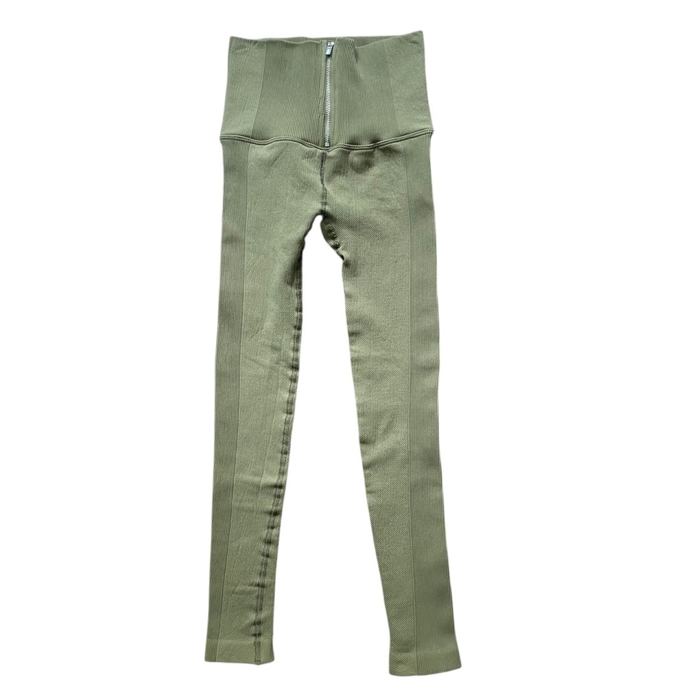 Free People Movement High-Waist Ribbed Texture and Zipper Green Leggings M/L